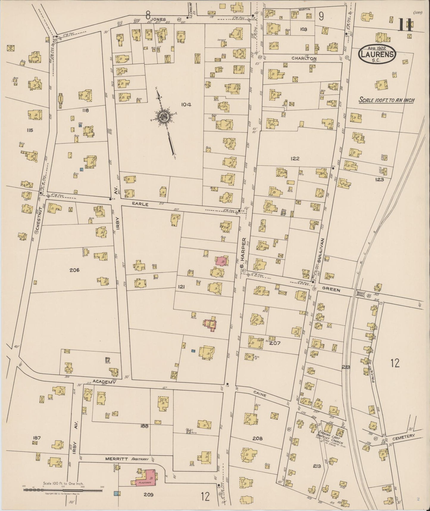 Sanborn Fire Insurance Map from Laurens, Laurens County, South Carolina (1922), Sheet #0011 - Historic Sanborn Fire Insurance Map Print, vintage old map wall art, antique decor, genealogy gift, South Carolina South Carolina map