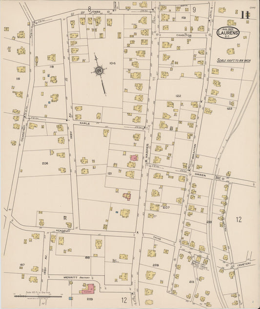 Sanborn Fire Insurance Map from Laurens, Laurens County, South Carolina (1922), Sheet #0011 - Historic Sanborn Fire Insurance Map Print, vintage old map wall art, antique decor, genealogy gift, South Carolina South Carolina map