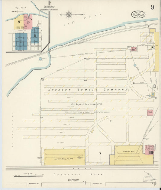 Sanborn Fire Insurance Map from Florala, Covington County, Alabama (1913), Sheet #0009 - Historic Sanborn Fire Insurance Map Print, vintage old map wall art, antique decor, genealogy gift, Alabama Alabama map
