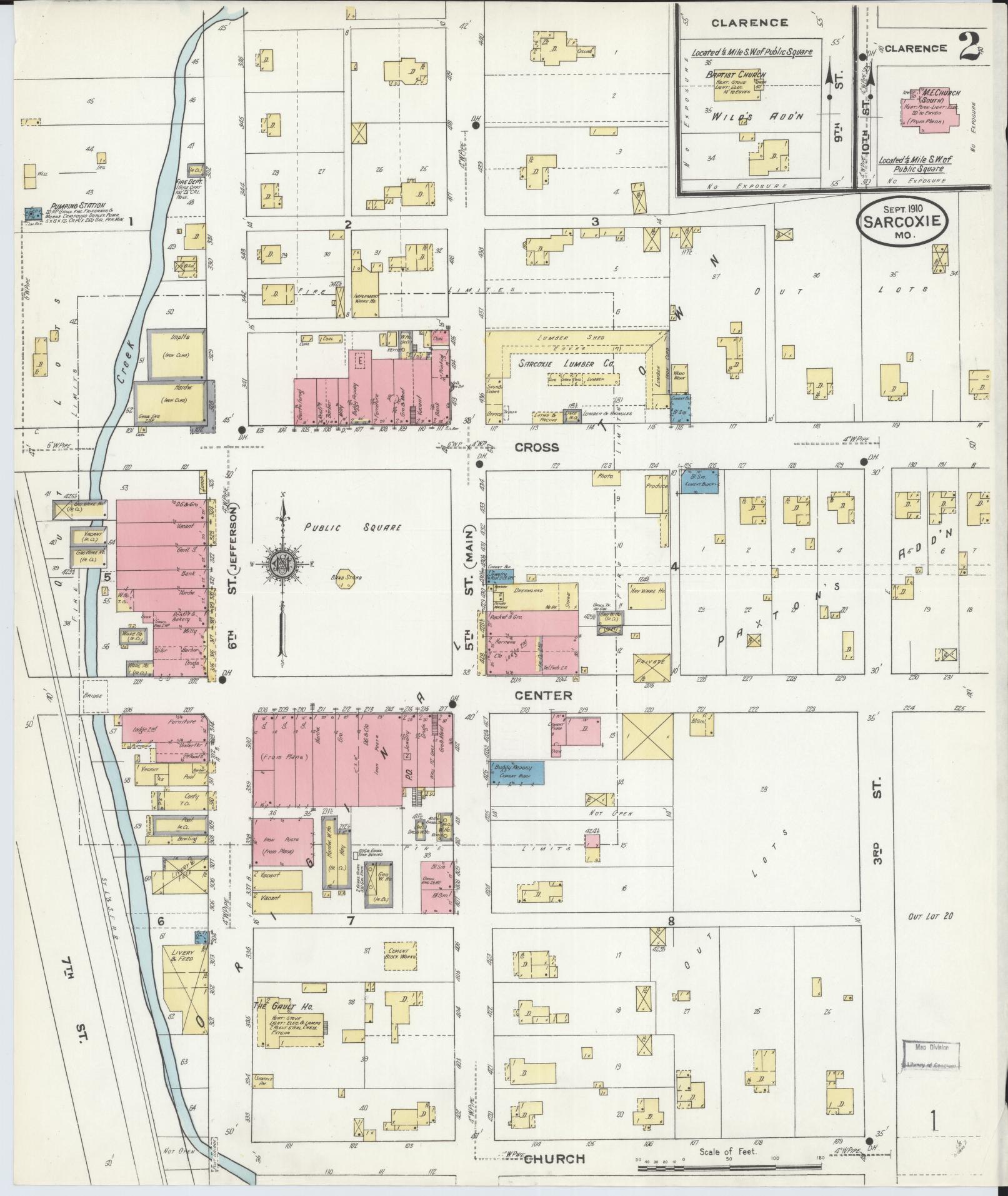 Sanborn Fire Insurance Map from Sarcoxie, Jasper County, Missouri (1910), Sheet #0002 - Complete Map Set gallery image, historic Sanborn map, vintage wall art, Missouri Missouri