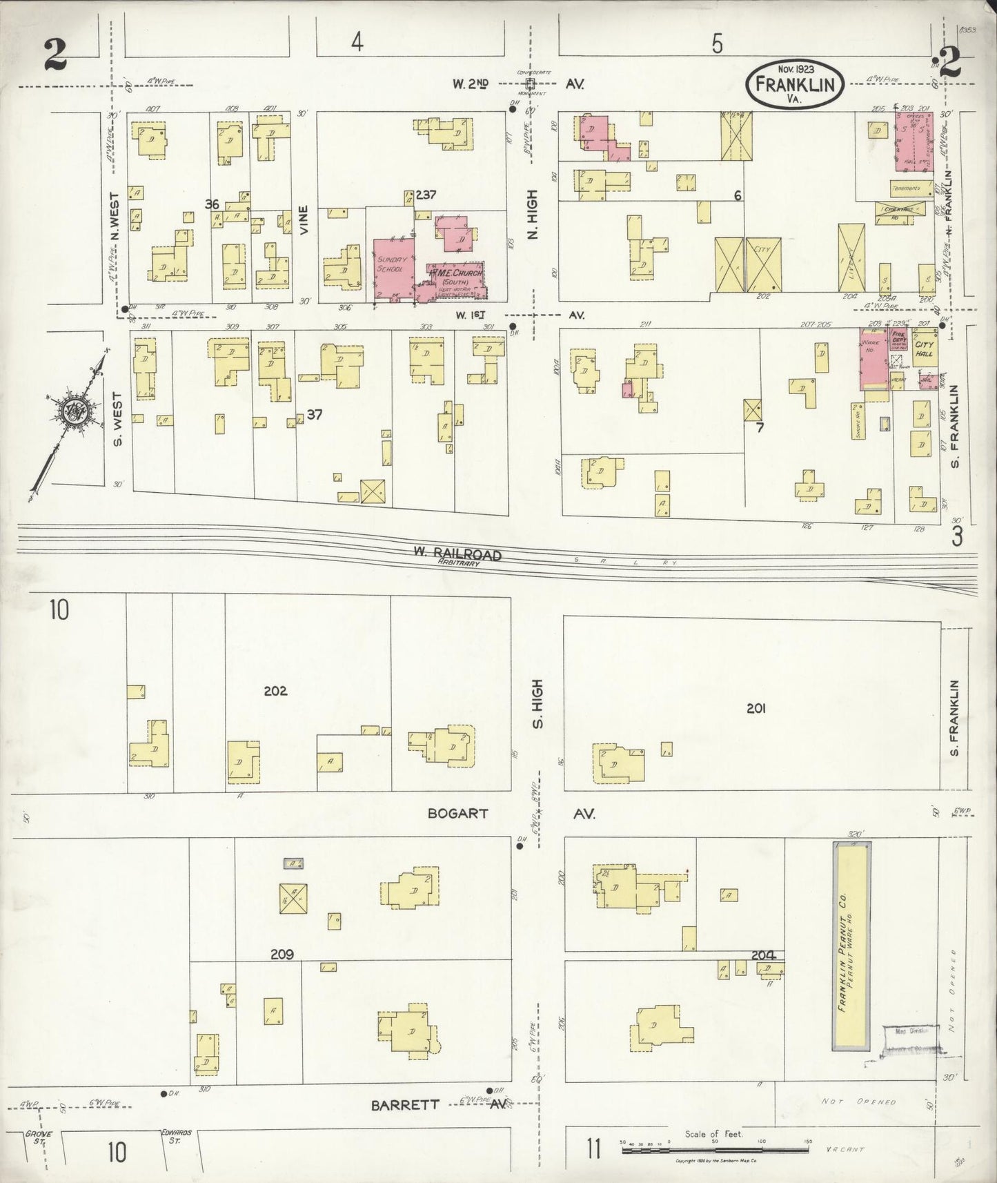 Sanborn Fire Insurance Map from Franklin, Independent Cities, Virginia (1923), Sheet #0002 - Complete Map Set gallery image, historic Sanborn map, vintage wall art, Virginia Virginia