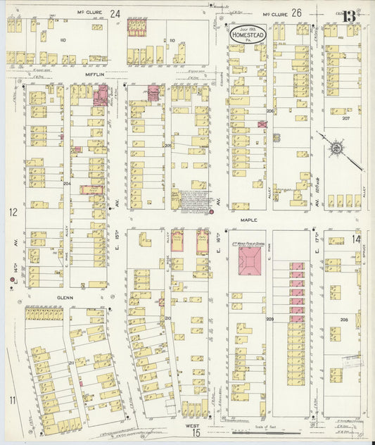 Sanborn Fire Insurance Map from Homestead, Allegheny County, Pennsylvania (1913), Sheet #0013 - Historic Sanborn Fire Insurance Map Print, vintage old map wall art, antique decor, genealogy gift, Pennsylvania Pennsylvania map