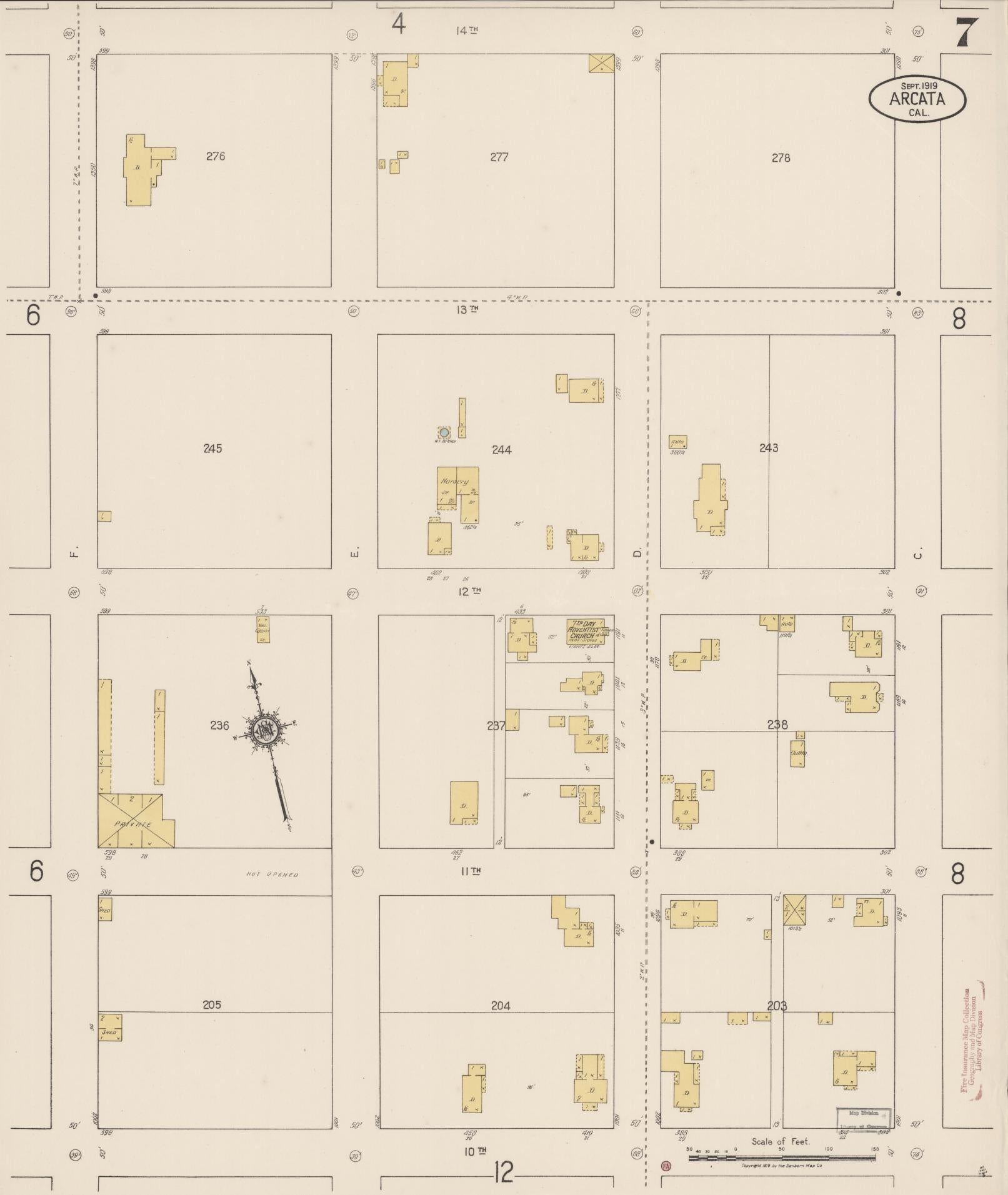 Sanborn Fire Insurance Map from Arcata, Humboldt County, California (1919), Sheet #0007 - Historic Sanborn Fire Insurance Map Print, vintage old map wall art, antique decor, genealogy gift, California California map