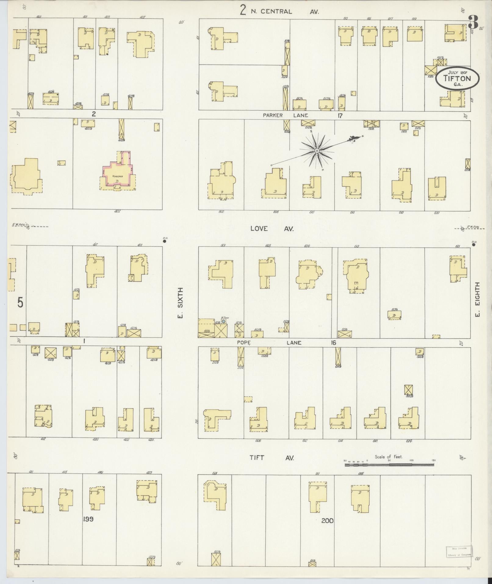 Sanborn Fire Insurance Map from Tifton, Tift County, Georgia (1907), Sheet #0003 - Historic Sanborn Fire Insurance Map Print, vintage old map wall art, antique decor, genealogy gift, Georgia Georgia map