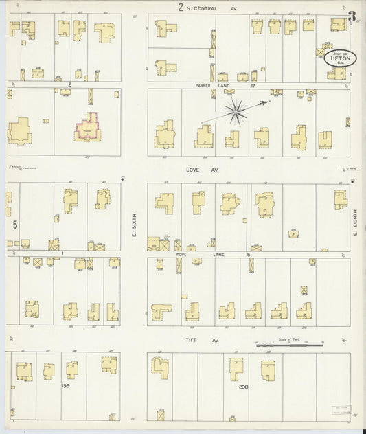 Sanborn Fire Insurance Map from Tifton, Tift County, Georgia (1907), Sheet #0003 - Historic Sanborn Fire Insurance Map Print, vintage old map wall art, antique decor, genealogy gift, Georgia Georgia map