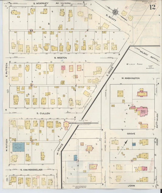 Sanborn Fire Insurance Map from Rensselaer, Jasper County, Indiana (1942), Sheet #0012 - Historic Sanborn Fire Insurance Map Print, vintage old map wall art, antique decor, genealogy gift, Indiana Indiana map