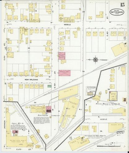 Sanborn Fire Insurance Map from Hattiesburg, Forrest County, Mississippi (1910), Sheet #0015 - Complete Map Set gallery image, historic Sanborn map, vintage wall art, Mississippi Mississippi