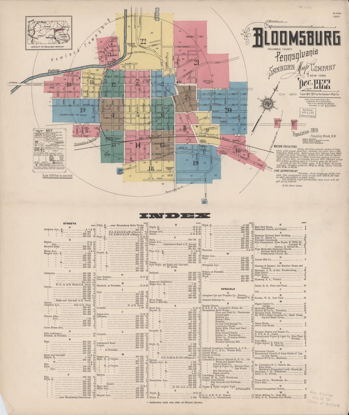 Sanborn Fire Insurance Map from Bloomsburg, Columbia County, Pennsylvania (1922), Sheet #0001 - Historic Sanborn Fire Insurance Map Print, vintage old map wall art, antique decor, genealogy gift, Pennsylvania Pennsylvania map