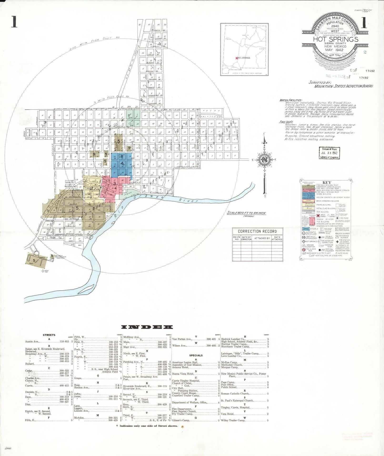 Sanborn Fire Insurance Map from Hot Springs, Sierra County, New Mexico. (1942) – Historic Sanborn Fire Insurance Map Print