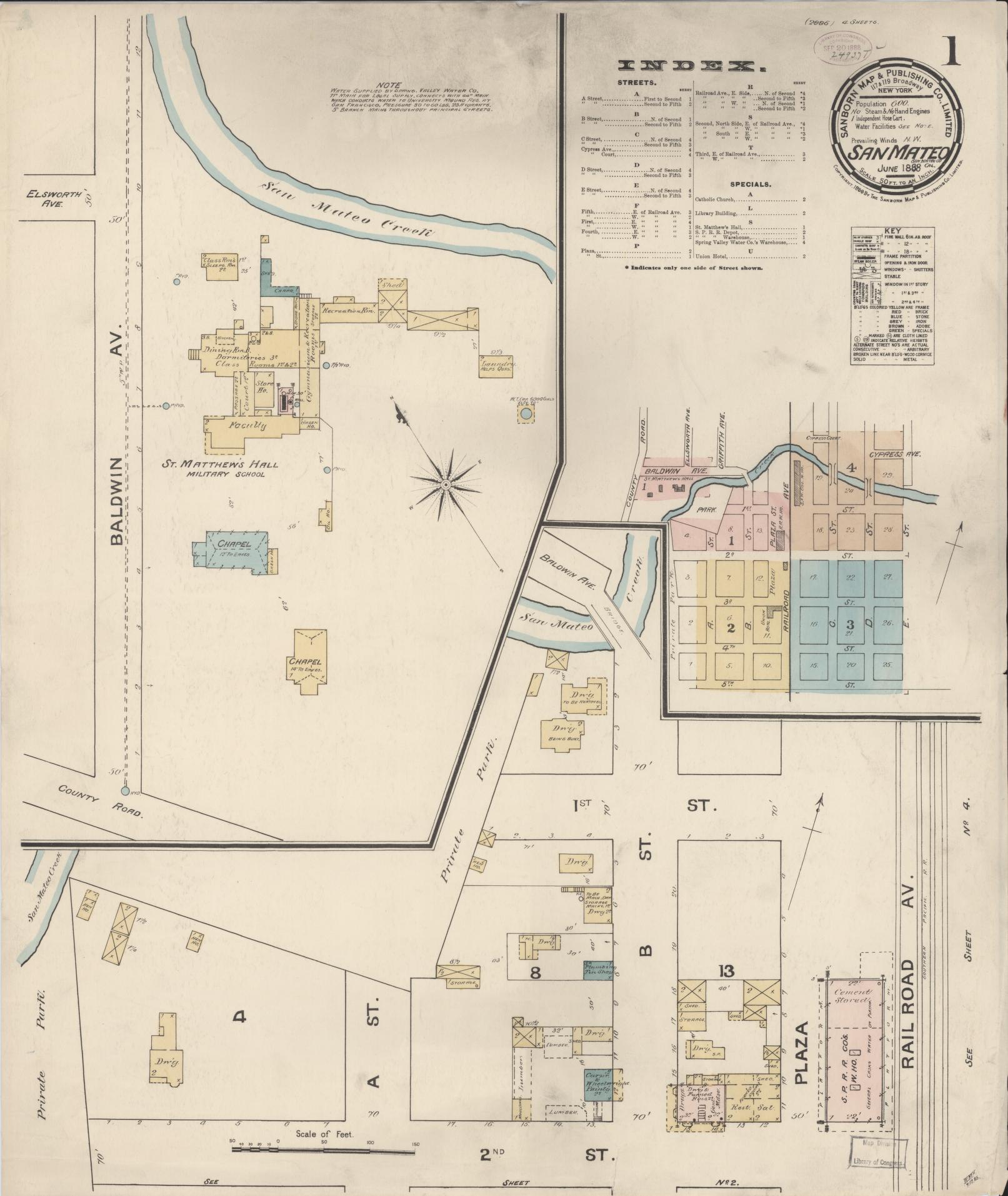 Sanborn Fire Insurance Map from San Mateo, San Mateo County, California (1888), Sheet #0001 - Complete Map Set gallery image, historic Sanborn map, vintage wall art, California California