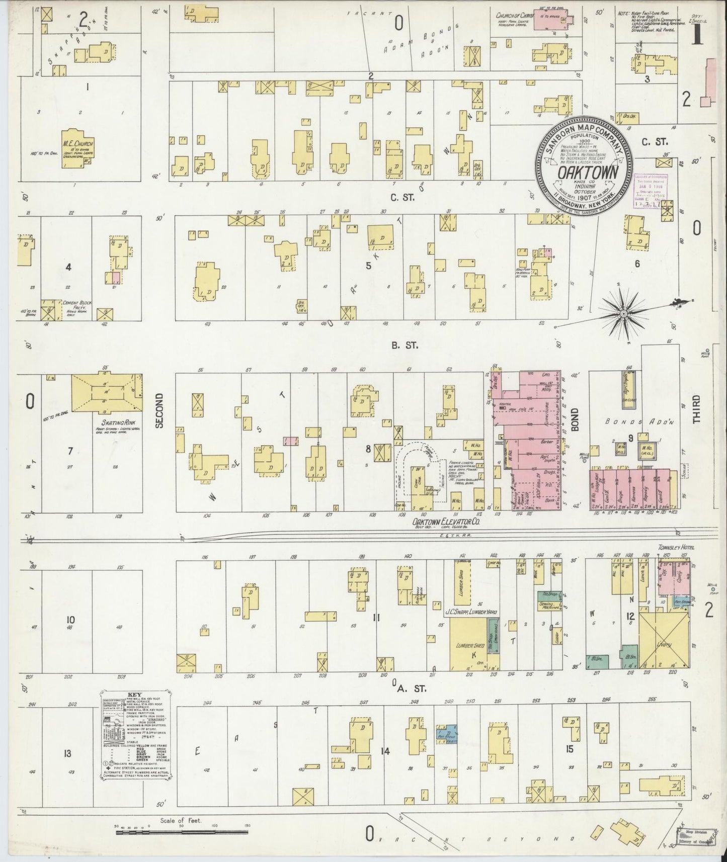 Sanborn Fire Insurance Map from Oaktown, Knox County, Indiana (1907), Sheet #0001 - Historic Sanborn Fire Insurance Map Print, vintage old map wall art, antique decor, genealogy gift, Indiana Indiana map