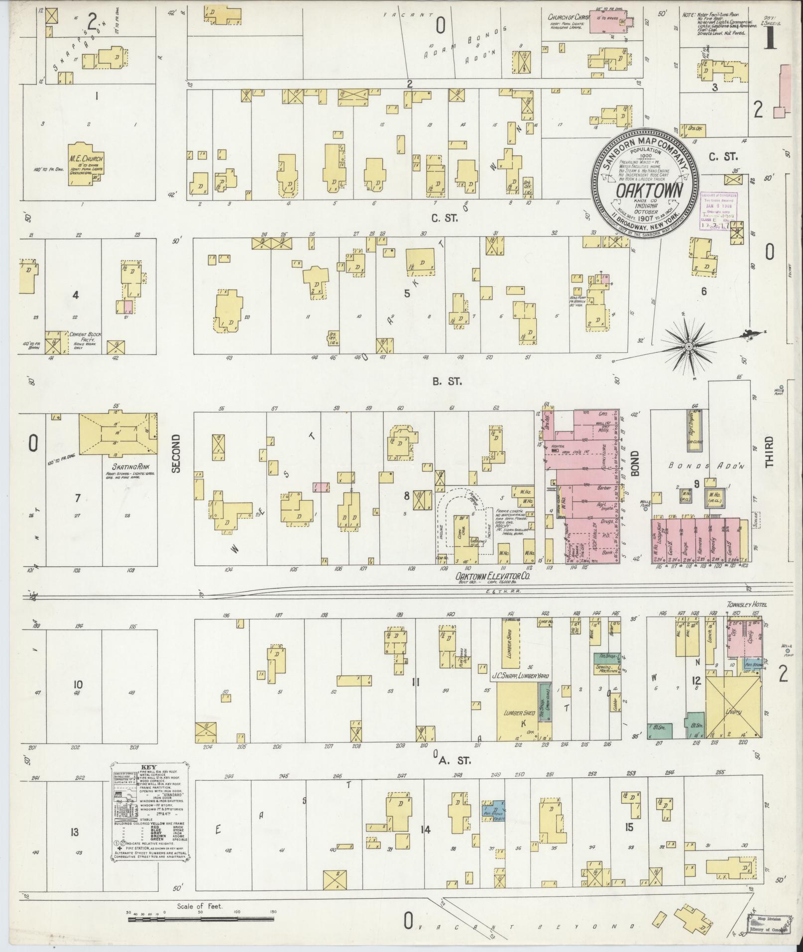 Sanborn Fire Insurance Map from Oaktown, Knox County, Indiana (1907), Sheet #0001 - Historic Sanborn Fire Insurance Map Print, vintage old map wall art, antique decor, genealogy gift, Indiana Indiana map