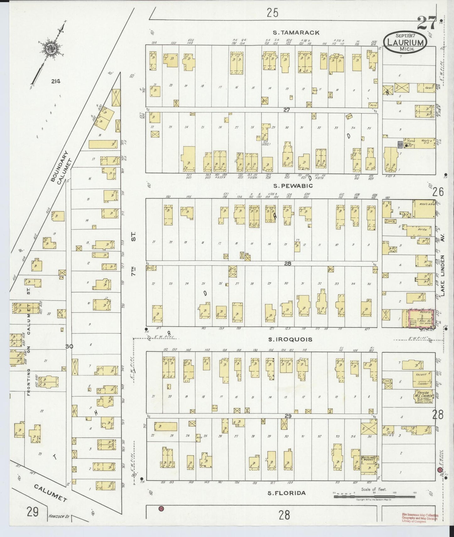 Sanborn Fire Insurance Map from Laurium, Houghton County, Michigan (1917), Sheet #0027 - Complete Map Set gallery image, historic Sanborn map, vintage wall art, Michigan Michigan