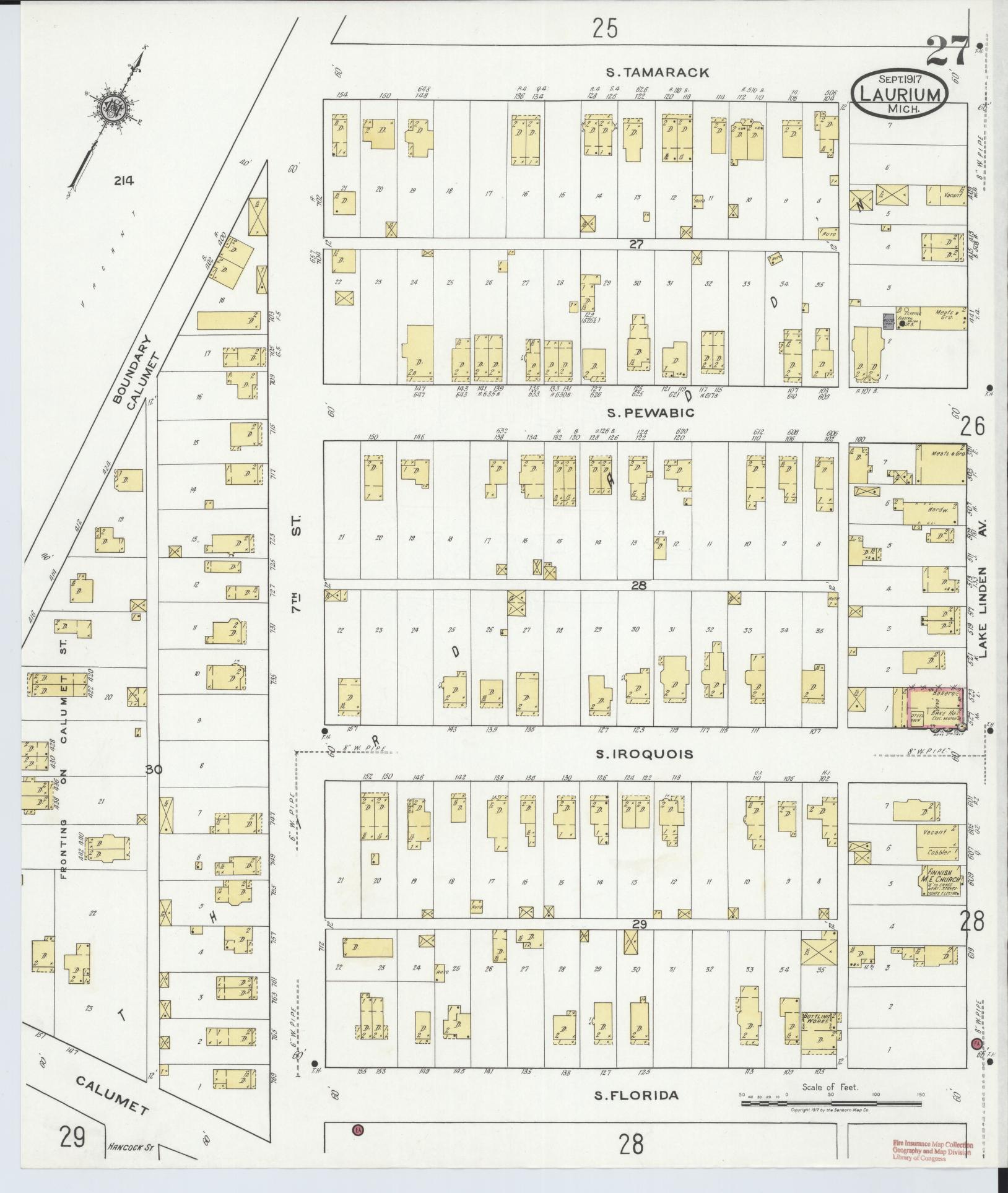 Sanborn Fire Insurance Map from Laurium, Houghton County, Michigan (1917), Sheet #0027 - Complete Map Set gallery image, historic Sanborn map, vintage wall art, Michigan Michigan