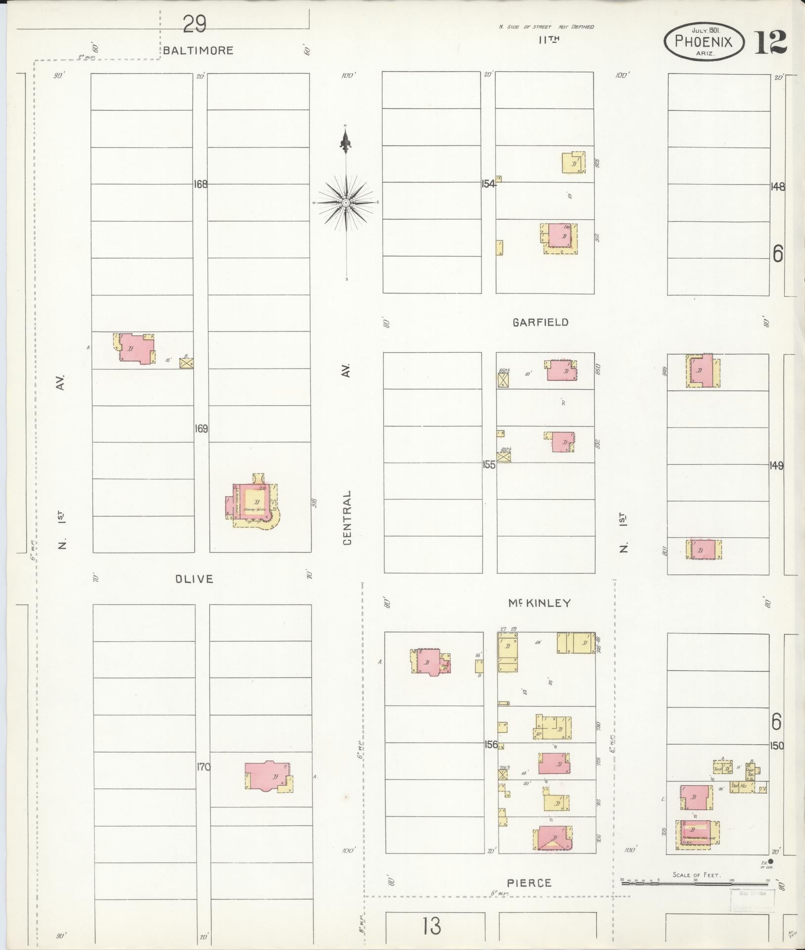 Sanborn Fire Insurance Map from Phoenix, Maricopa County, Arizona (1901), Sheet #0012 - Historic Sanborn Fire Insurance Map Print, vintage old map wall art, antique decor, genealogy gift, Arizona Arizona map
