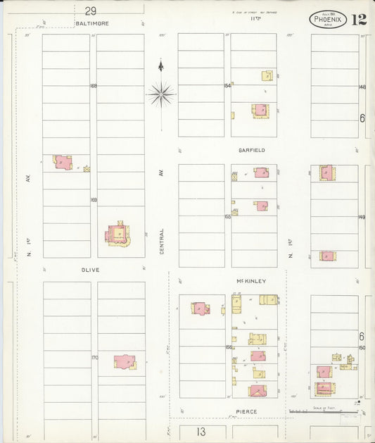 Sanborn Fire Insurance Map from Phoenix, Maricopa County, Arizona (1901), Sheet #0012 - Historic Sanborn Fire Insurance Map Print, vintage old map wall art, antique decor, genealogy gift, Arizona Arizona map