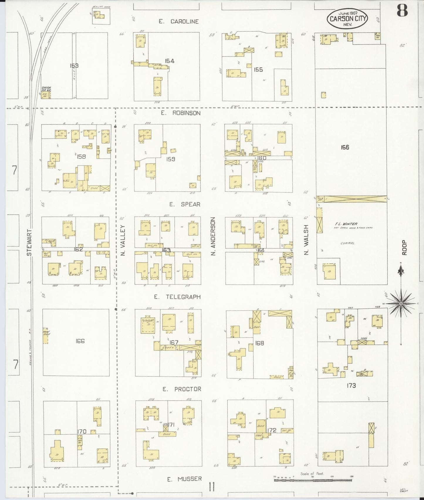Sanborn Fire Insurance Map from Carson City, Carson City County, Nevada (1907), Sheet #0008 - Complete Map Set gallery image, historic Sanborn map, vintage wall art, Nevada Nevada