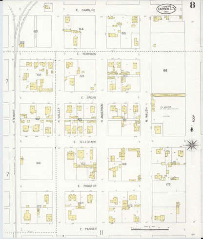 Sanborn Fire Insurance Map from Carson City, Carson City County, Nevada (1907), Sheet #0008 - Complete Map Set gallery image, historic Sanborn map, vintage wall art, Nevada Nevada