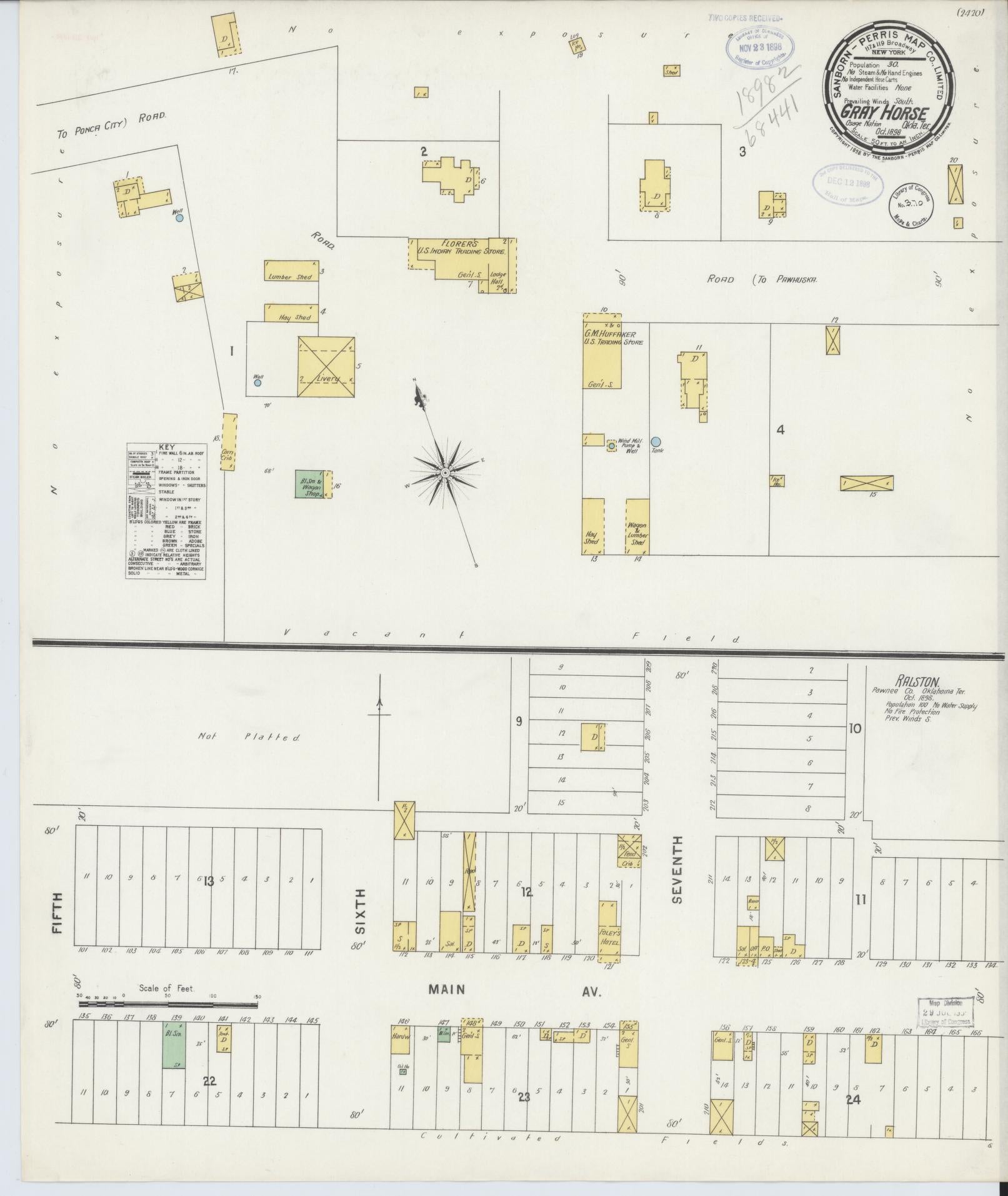 Sanborn Fire Insurance Map from Gray Horse, Osage County, Oklahoma (1898), Sheet #0001 - Historic Sanborn Fire Insurance Map Print, vintage old map wall art, antique decor, genealogy gift, Oklahoma Oklahoma map
