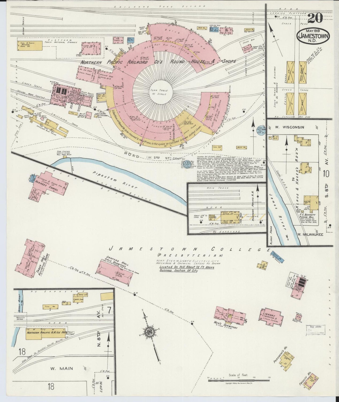Sanborn Fire Insurance Map from Jamestown, Stutsman County, North Dakota (1919), Sheet #0020 - Complete Map Set gallery image, historic Sanborn map, vintage wall art, North Dakota North Dakota