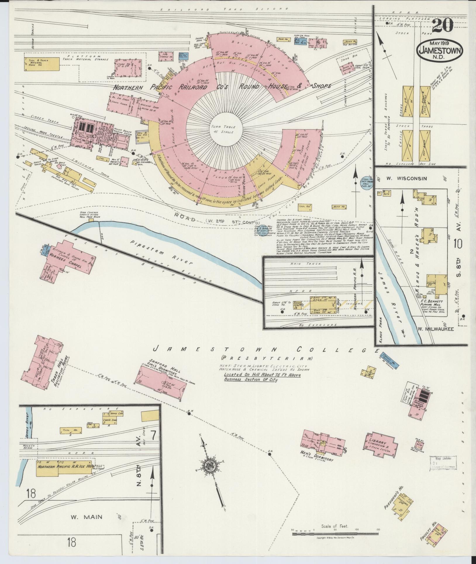 Sanborn Fire Insurance Map from Jamestown, Stutsman County, North Dakota (1919), Sheet #0020 - Complete Map Set gallery image, historic Sanborn map, vintage wall art, North Dakota North Dakota