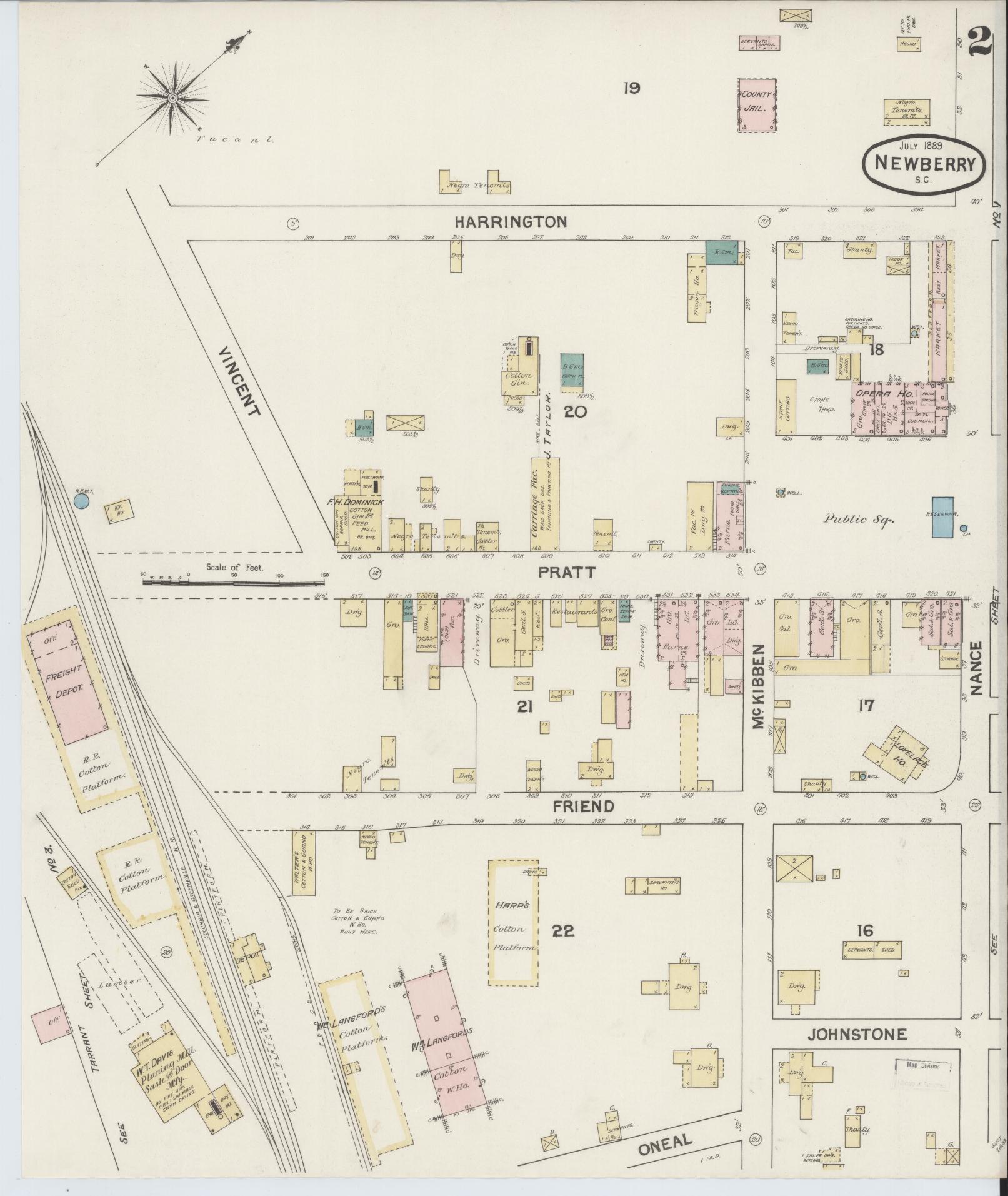 Sanborn Fire Insurance Map from Newberry, Newberry County, South Carolina (1889), Sheet #0002 - Complete Map Set gallery image, historic Sanborn map, vintage wall art, South Carolina South Carolina