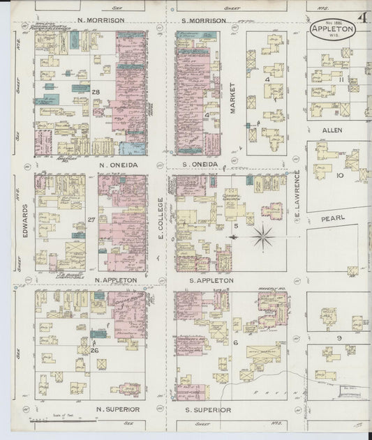 Sanborn Fire Insurance Map from Appleton, Outagamie County, Wisconsin (1886), Sheet #0004 - Historic Sanborn Fire Insurance Map Print, vintage old map wall art, antique decor, genealogy gift, Wisconsin Wisconsin map