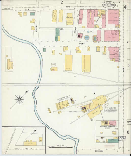 Sanborn Fire Insurance Map from Hattiesburg, Forrest County, Mississippi (1903), Sheet #0004 - Historic Sanborn Fire Insurance Map Print, vintage old map wall art, antique decor, genealogy gift, Mississippi Mississippi map
