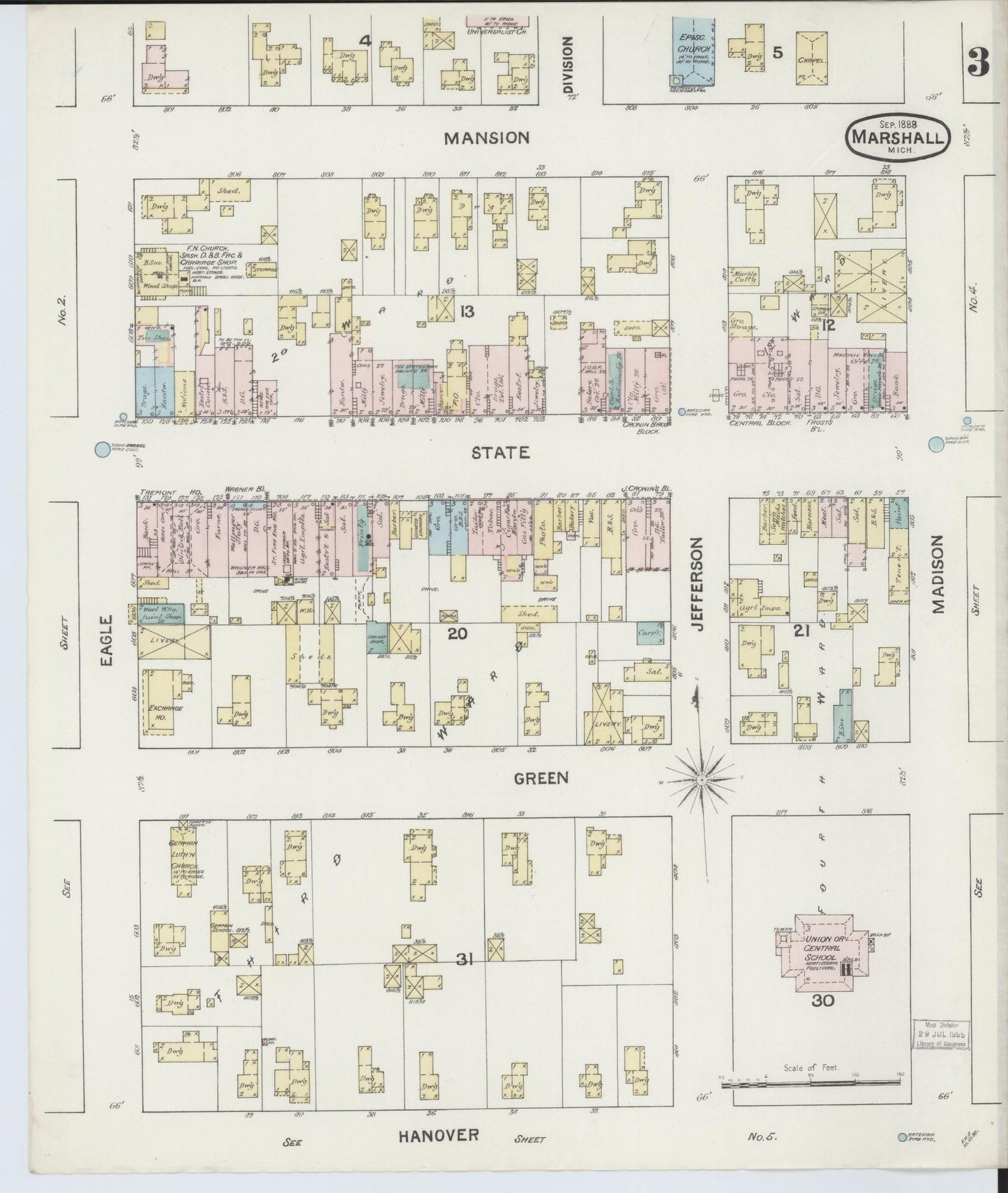 Sanborn Fire Insurance Map from Marshall, Calhoun County, Michigan (1888), Sheet #0003 - Complete Map Set gallery image, historic Sanborn map, vintage wall art, Michigan Michigan