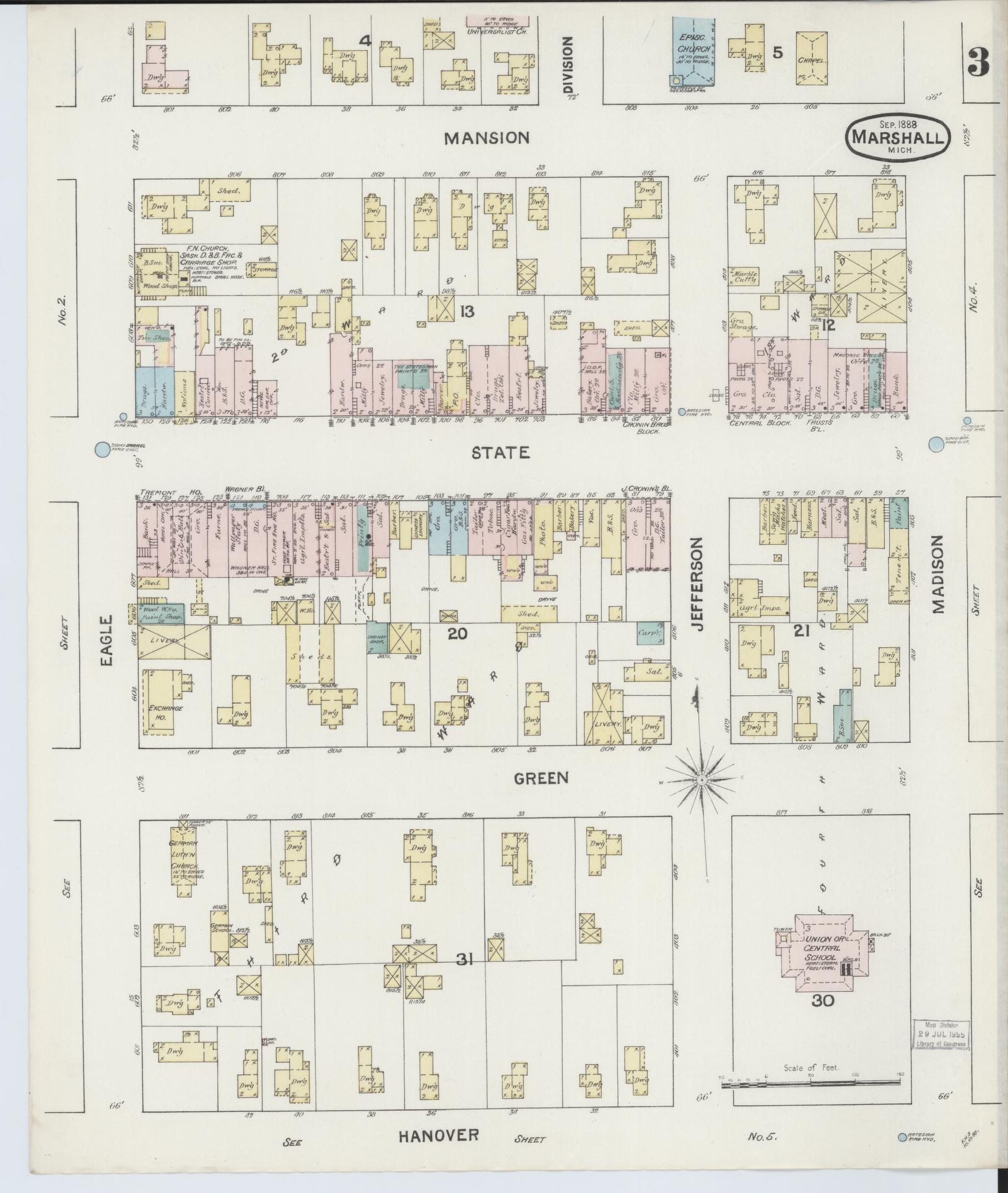 Sanborn Fire Insurance Map from Marshall, Calhoun County, Michigan (1888), Sheet #0003 - Complete Map Set gallery image, historic Sanborn map, vintage wall art, Michigan Michigan