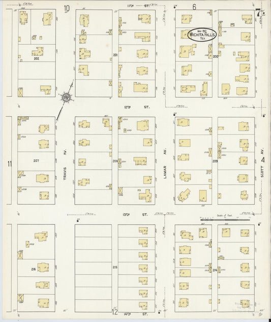 Sanborn Fire Insurance Map from Wichita Falls, Wichita County, Texas (1912), Sheet #0007 - Historic Sanborn Fire Insurance Map Print, vintage old map wall art, antique decor, genealogy gift, Texas Texas map