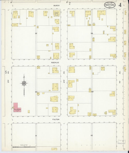 Sanborn Fire Insurance Map from Hartford, Geneva County, Alabama (1913), Sheet #0004 - Historic Sanborn Fire Insurance Map Print, vintage old map wall art, antique decor, genealogy gift, Alabama Alabama map
