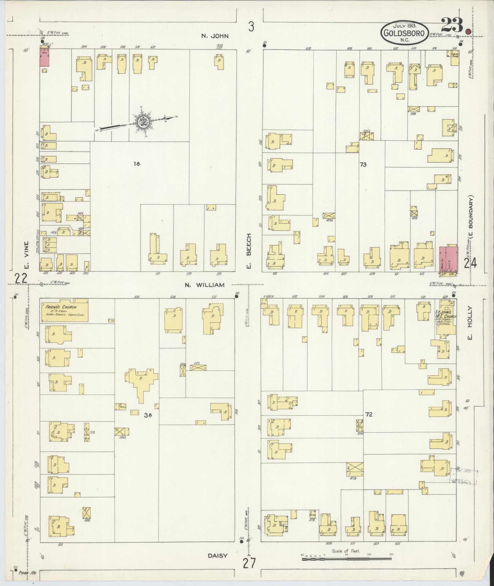 Sanborn Fire Insurance Map from Goldsboro, Wayne County, North Carolina (1913), Sheet #0023 - Complete Map Set gallery image, historic Sanborn map, vintage wall art, North Carolina North Carolina
