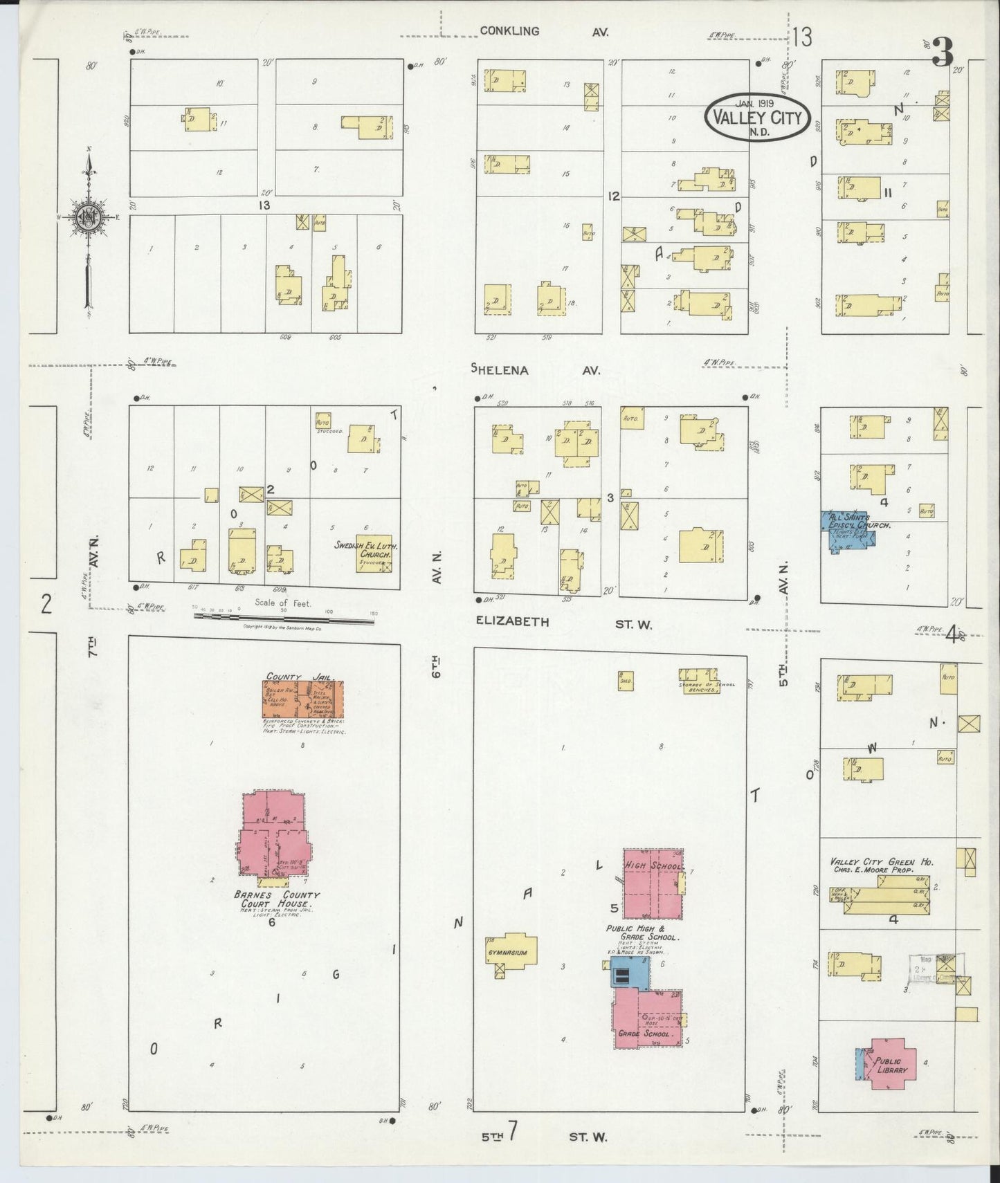 Sanborn Fire Insurance Map from Valley City, Barnes County, North Dakota (1919), Sheet #0003 - Complete Map Set gallery image, historic Sanborn map, vintage wall art, North Dakota North Dakota