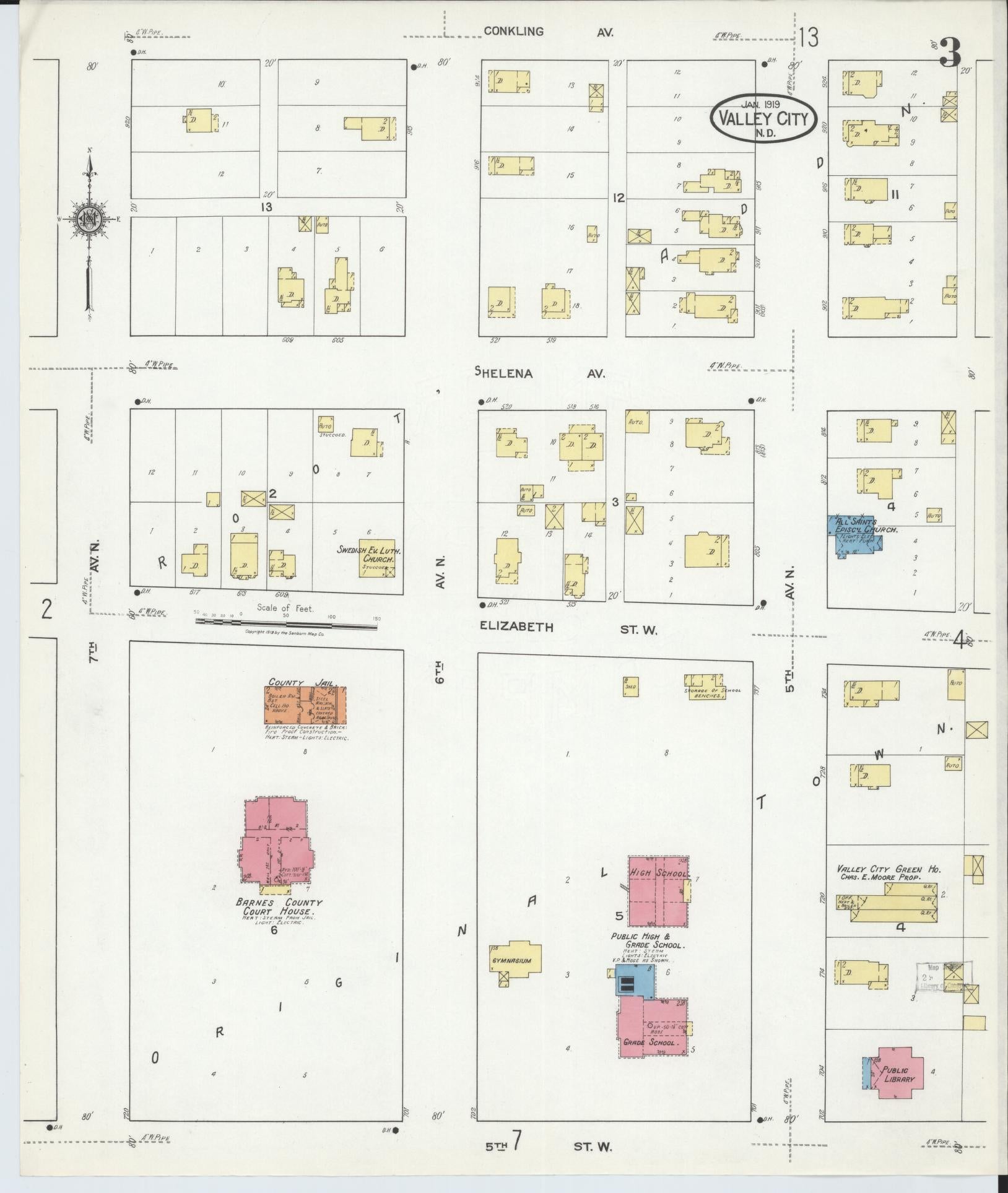 Sanborn Fire Insurance Map from Valley City, Barnes County, North Dakota (1919), Sheet #0003 - Complete Map Set gallery image, historic Sanborn map, vintage wall art, North Dakota North Dakota