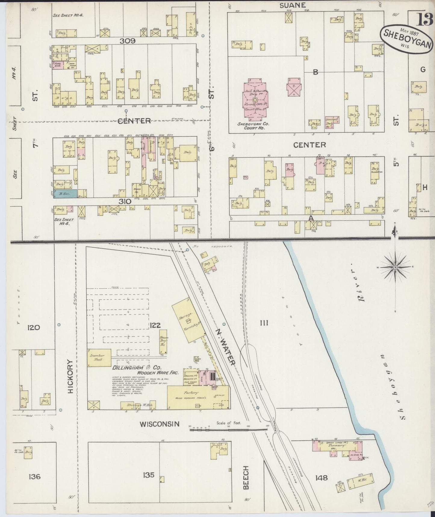 Sanborn Fire Insurance Map from Sheboygan, Sheboygan County, Wisconsin (1887), Sheet #0013 - Historic Sanborn Fire Insurance Map Print, vintage old map wall art, antique decor, genealogy gift, Wisconsin Wisconsin map