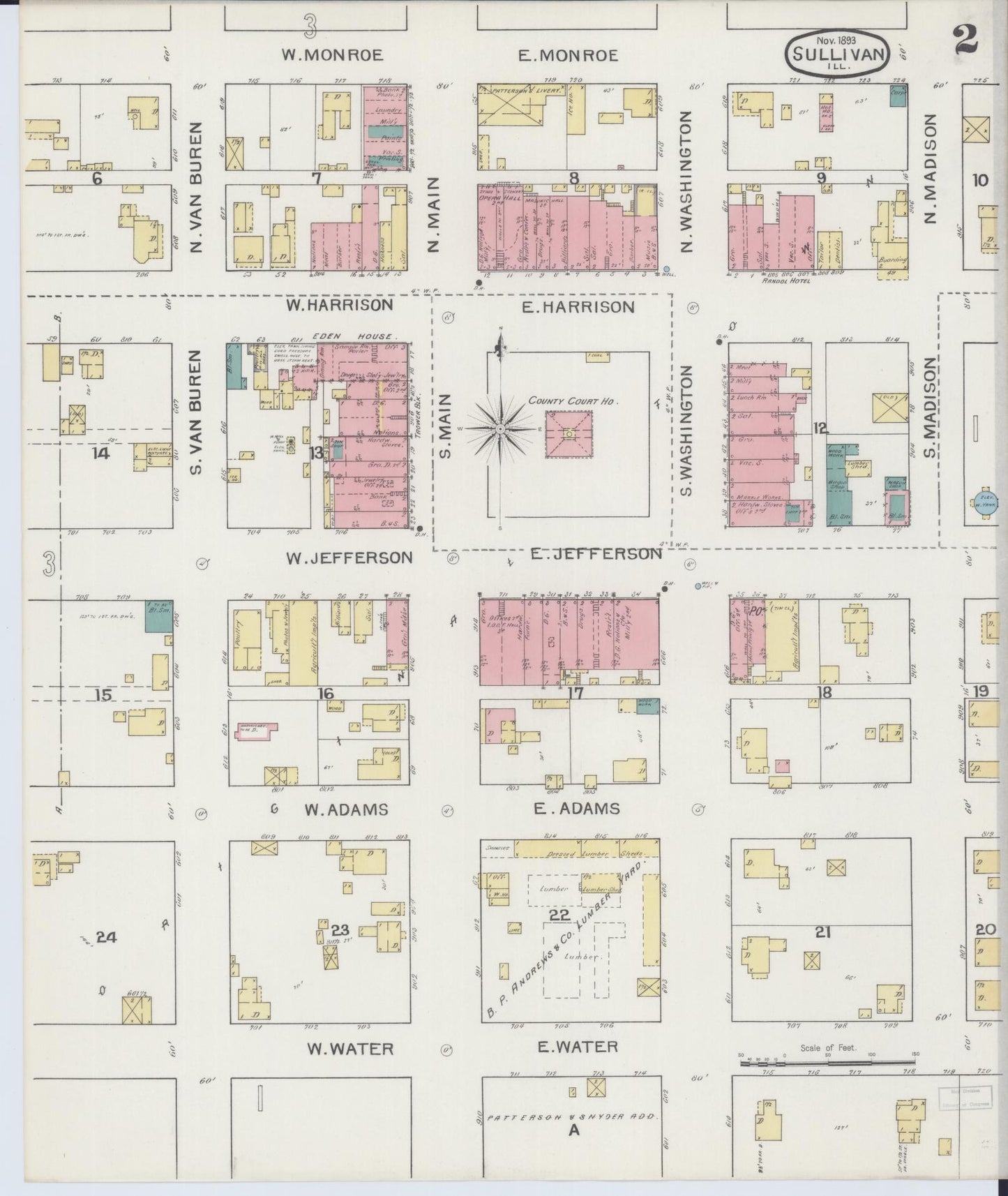 Sanborn Fire Insurance Map from Sullivan, Moultrie County, Illinois (1893), Sheet #0002 - Historic Sanborn Fire Insurance Map Print, vintage old map wall art, antique decor, genealogy gift, Illinois Illinois map