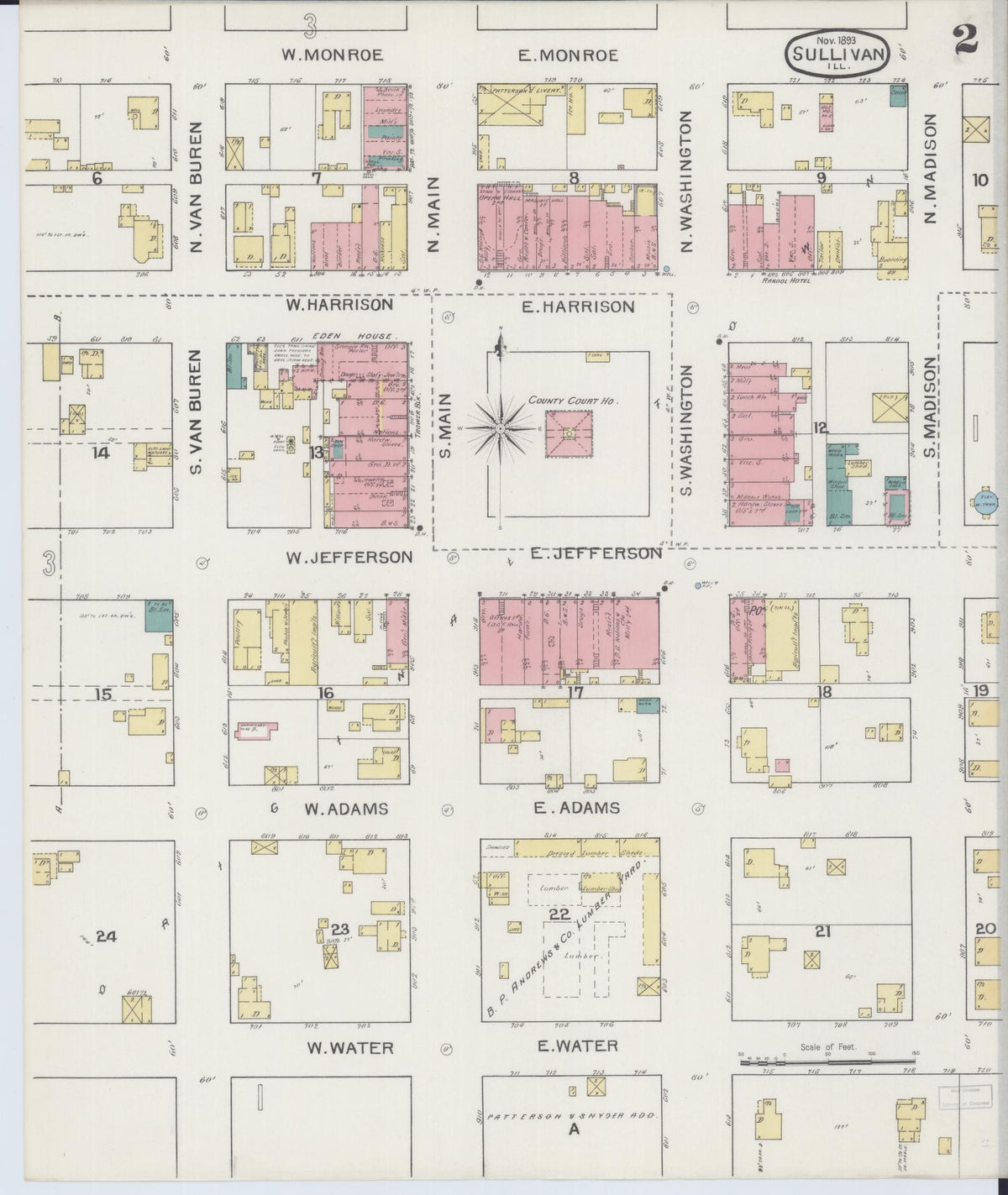 Sanborn Fire Insurance Map from Sullivan, Moultrie County, Illinois (1893), Sheet #0002 - Historic Sanborn Fire Insurance Map Print, vintage old map wall art, antique decor, genealogy gift, Illinois Illinois map