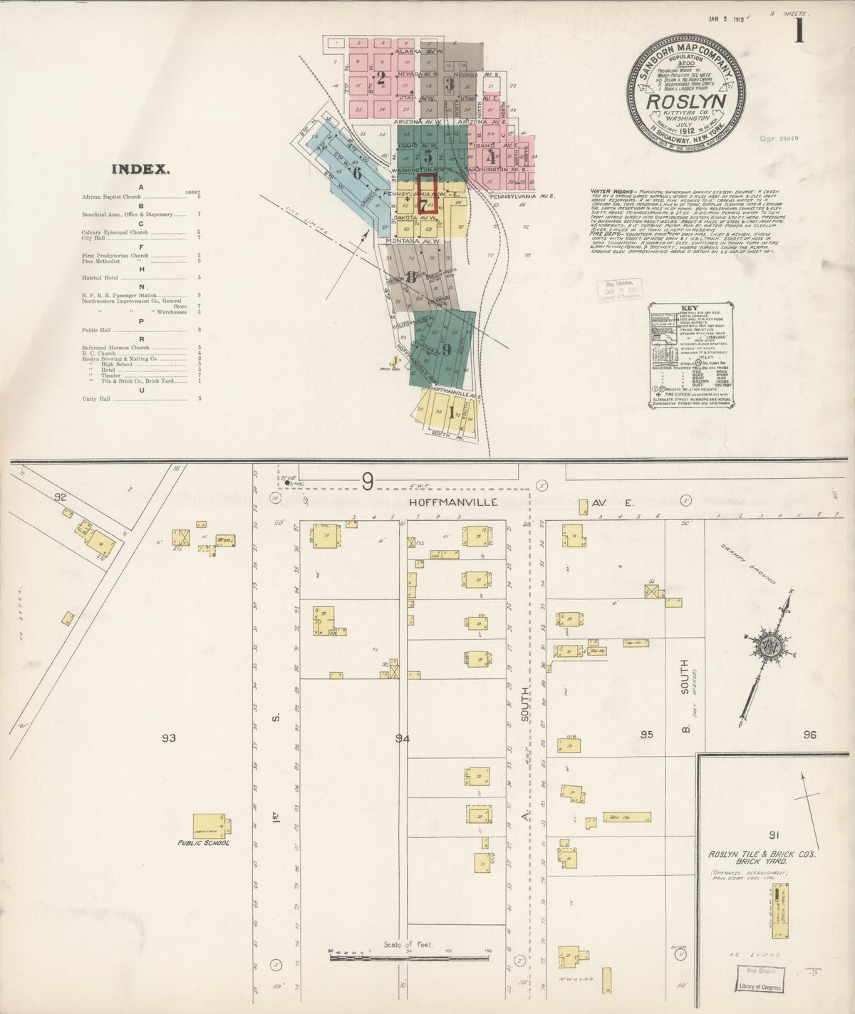 Sanborn Fire Insurance Map from Roslyn, Kittitas County, Washington (1912), Sheet #0001 - Historic Sanborn Fire Insurance Map Print, vintage old map wall art, antique decor, genealogy gift, Washington Washington map