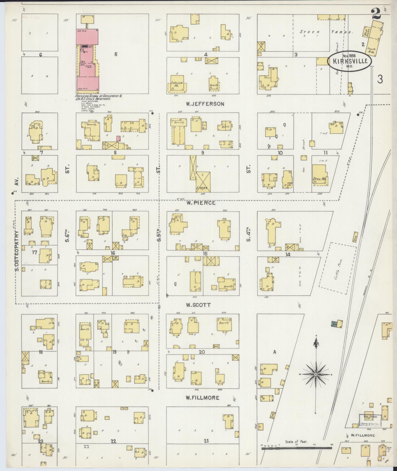 Sanborn Fire Insurance Map from Kirksville, Adair County, Missouri (1898), Sheet #0002 - Historic Sanborn Fire Insurance Map Print, vintage old map wall art, antique decor, genealogy gift, Missouri Missouri map