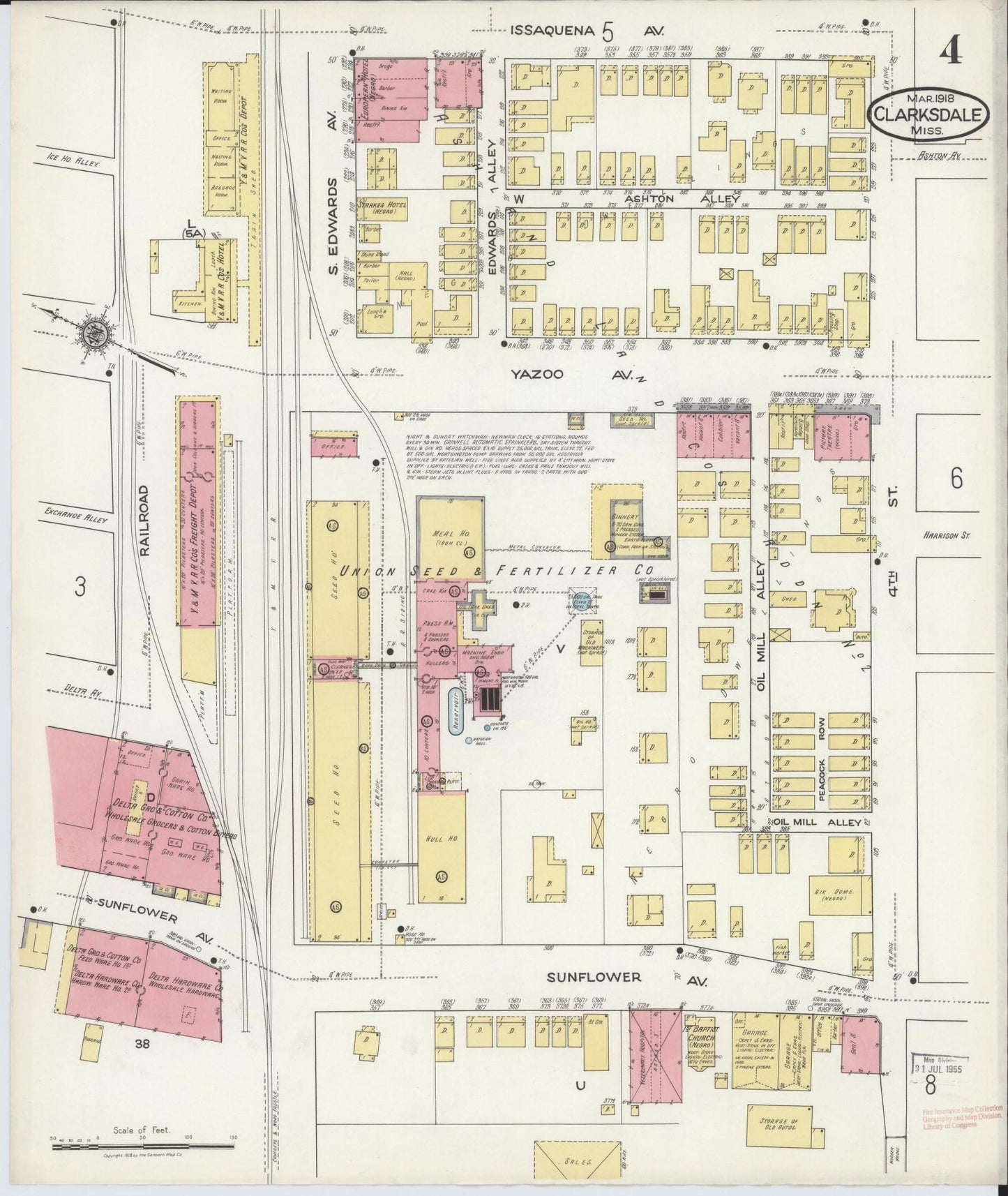 Sanborn Fire Insurance Map from Clarksdale, Coahoma County, Mississippi (1918), Sheet #0004 - Complete Map Set gallery image, historic Sanborn map, vintage wall art, Mississippi Mississippi