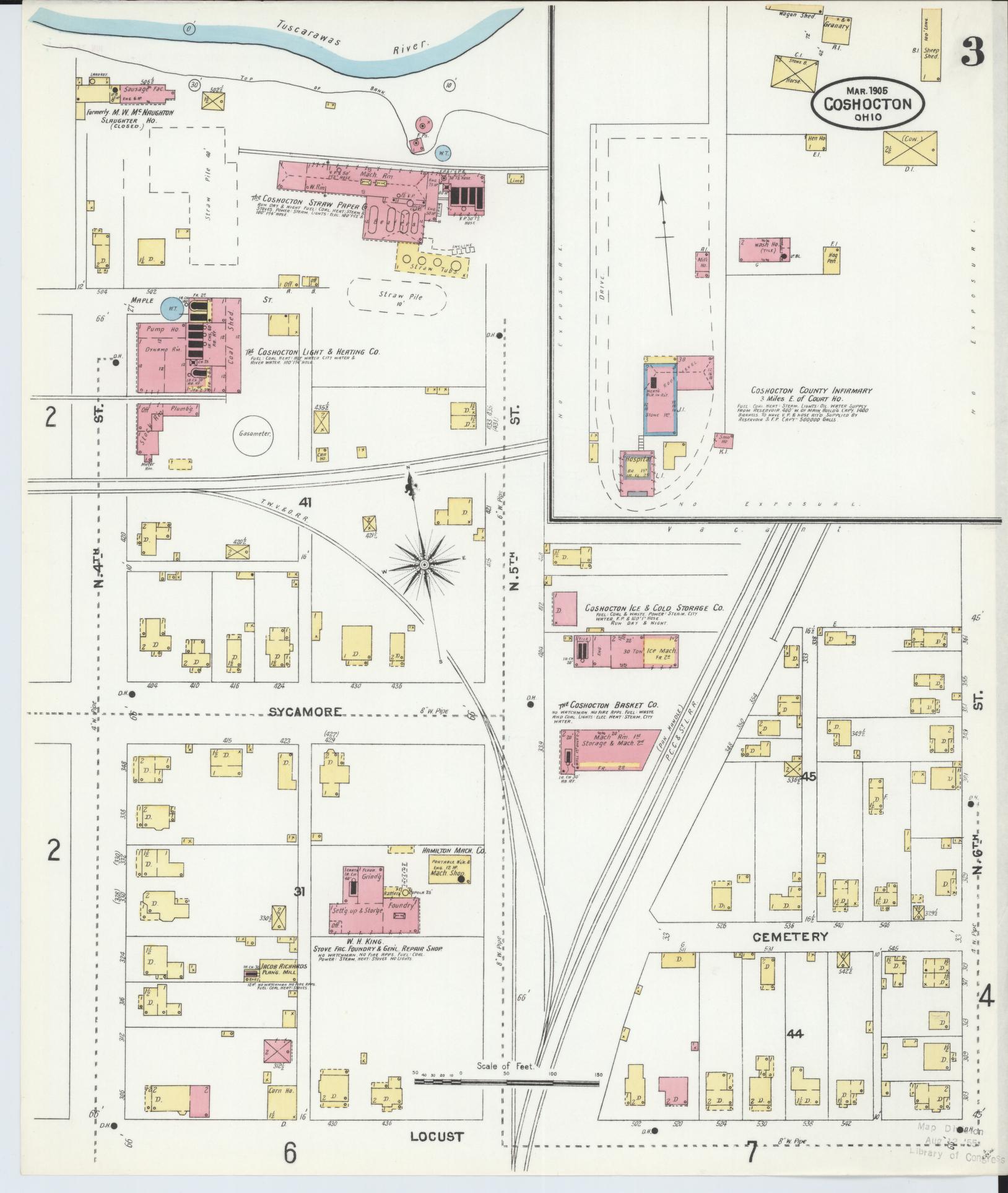 Sanborn Fire Insurance Map from Coshocton, Coshocton County, Ohio (1905), Sheet #0003 - Historic Sanborn Fire Insurance Map Print, vintage old map wall art, antique decor, genealogy gift, Ohio Ohio map