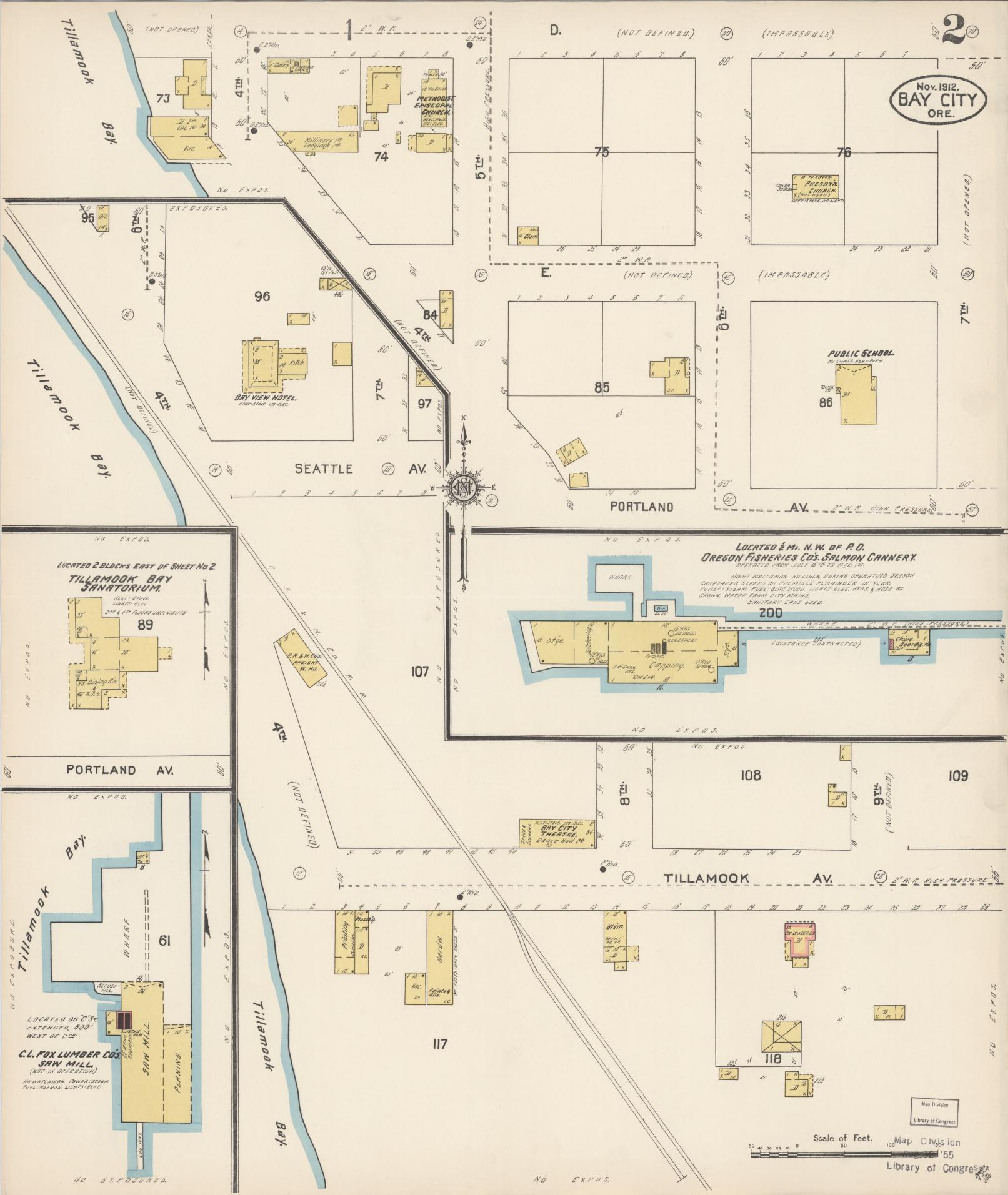 Sanborn Fire Insurance Map from Bay City, Tillamook County, Oregon (1912), Sheet #0002 - Historic Sanborn Fire Insurance Map Print, vintage old map wall art, antique decor, genealogy gift, Oregon Oregon map