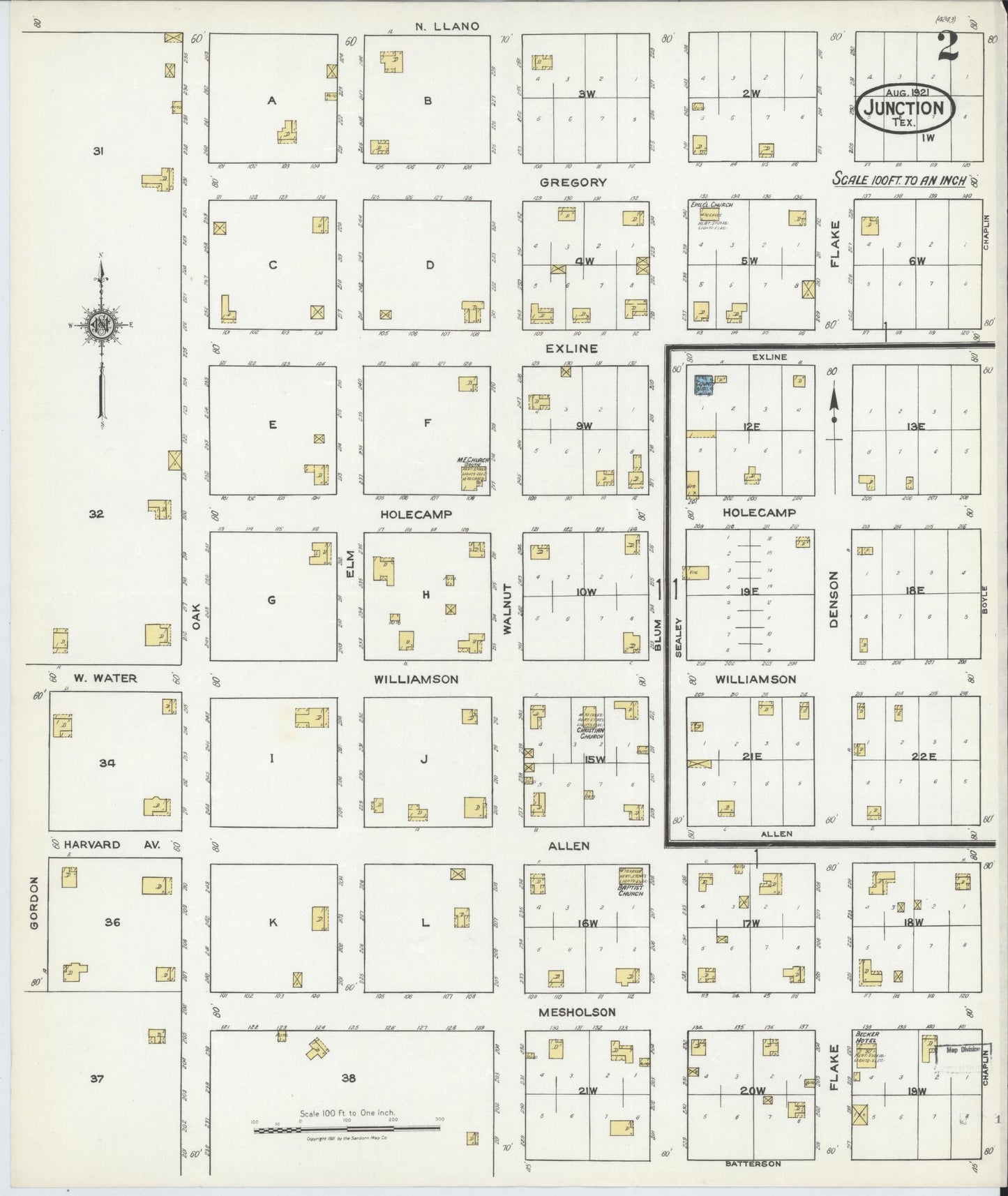 Sanborn Fire Insurance Map from Junction, Kimble County, Texas (1921), Sheet #0002 - Historic Sanborn Fire Insurance Map Print, vintage old map wall art, antique decor, genealogy gift, Texas Texas map