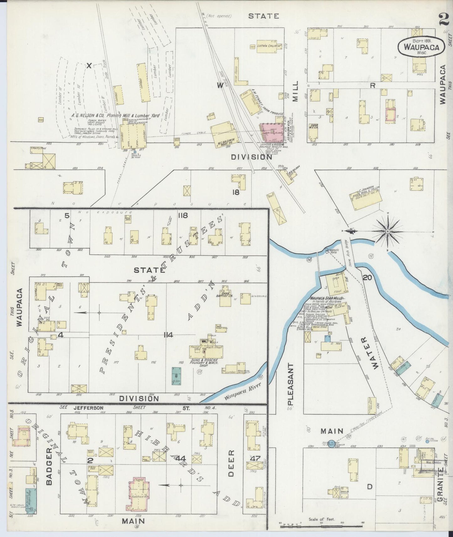 Sanborn Fire Insurance Map from Waupaca, Waupaca County, Wisconsin (1891), Sheet #0002 - Complete Map Set gallery image, historic Sanborn map, vintage wall art, Wisconsin Wisconsin
