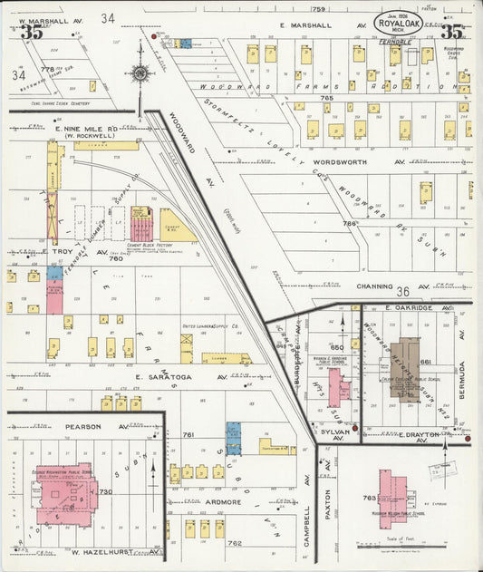 Sanborn Fire Insurance Map from Royal Oak, Oakland County, Michigan (1926), Sheet #0035 - Historic Sanborn Fire Insurance Map Print, vintage old map wall art, antique decor, genealogy gift, Michigan Michigan map
