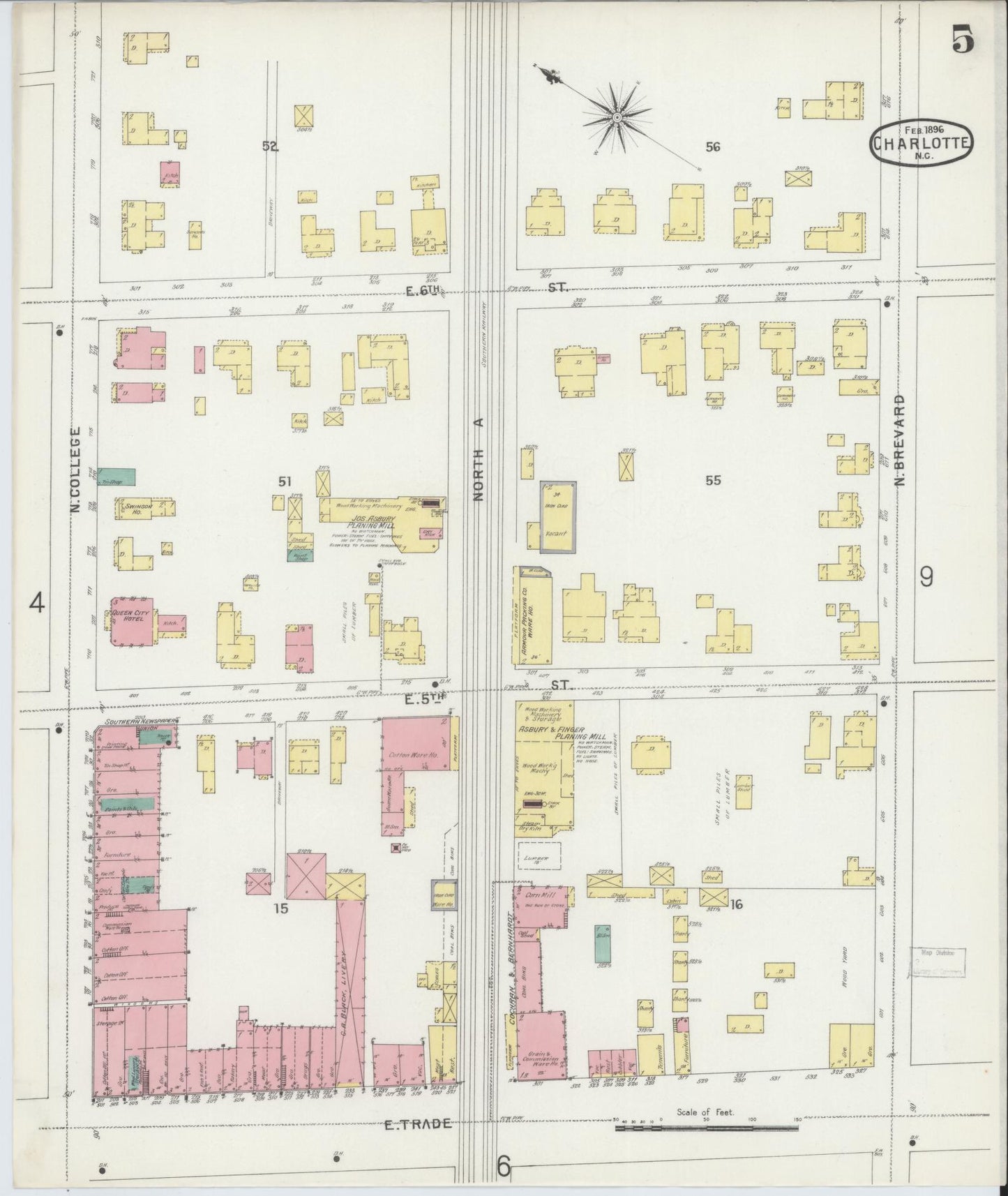 Sanborn Fire Insurance Map from Charlotte, Mecklenburg County, North Carolina (1896), Sheet #0005 - Complete Map Set gallery image, historic Sanborn map, vintage wall art, North Carolina North Carolina