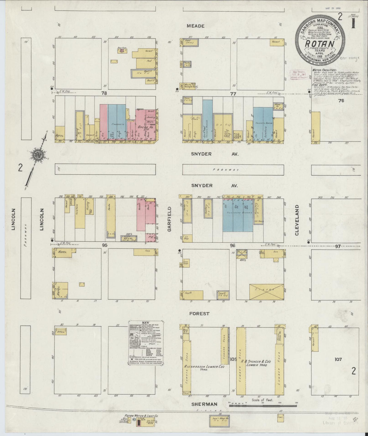 Sanborn Fire Insurance Map from Rotan, Fisher County, Texas (1911), Sheet #0001 - Complete Map Set gallery image, historic Sanborn map, vintage wall art, Texas Texas