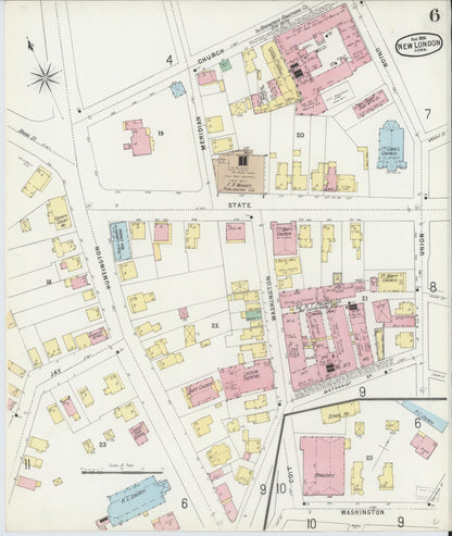 Sanborn Fire Insurance Map from New London, New London County, Connecticut (1896), Sheet #0006 - Complete Map Set gallery image, historic Sanborn map, vintage wall art, Connecticut Connecticut