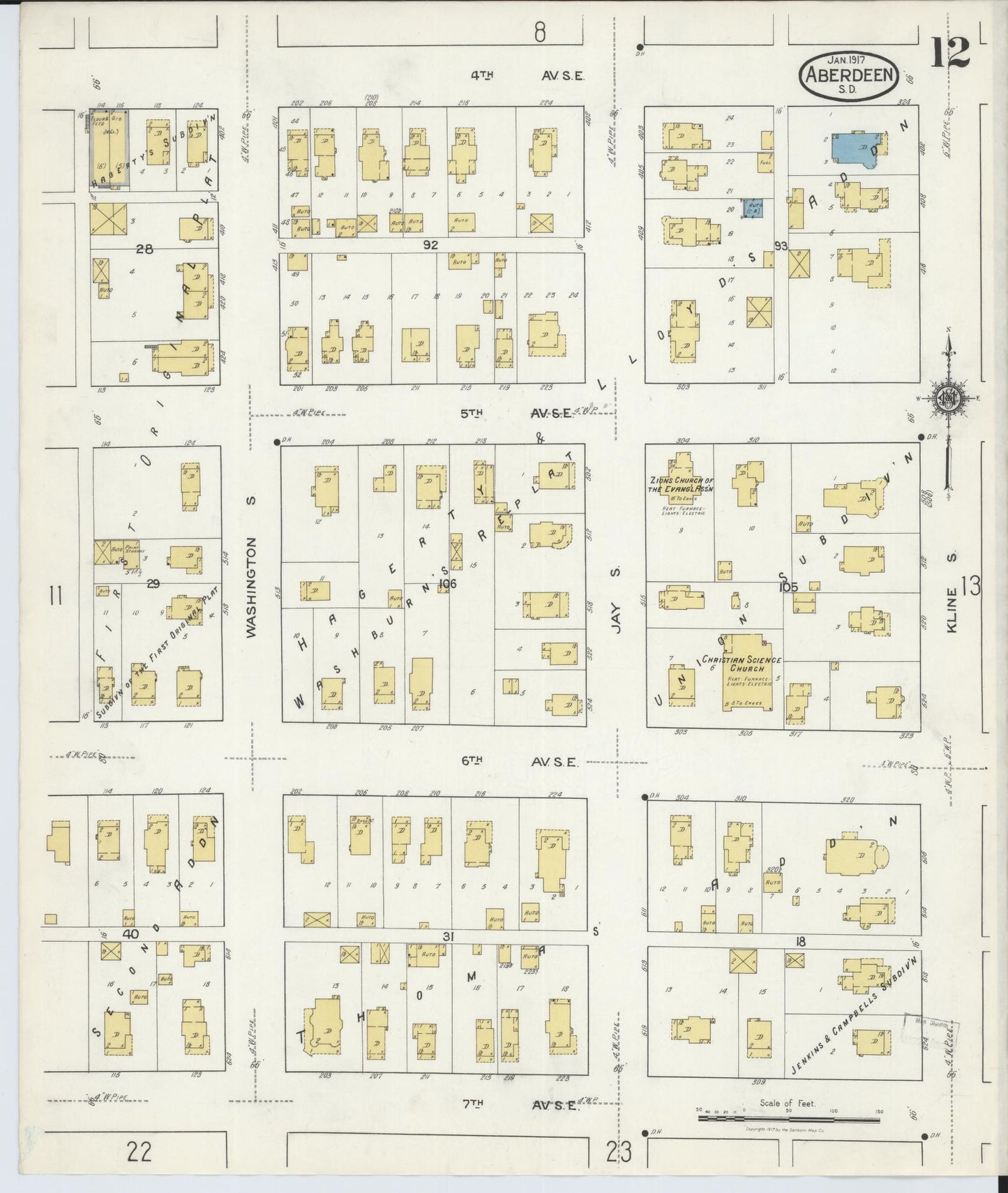 Sanborn Fire Insurance Map from Aberdeen, Brown County, South Dakota (1917), Sheet #0012 - Historic Sanborn Fire Insurance Map Print, vintage old map wall art, antique decor, genealogy gift, South Dakota South Dakota map